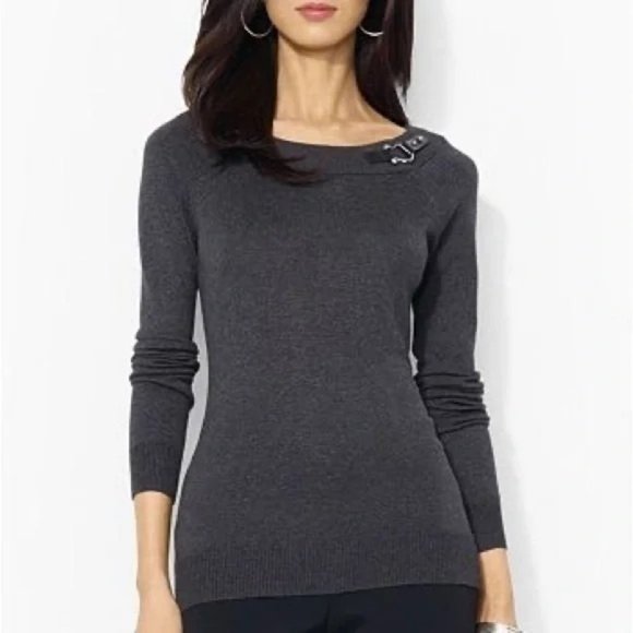 Lauren Ralph Lauren Tops - Lauren Ralph Lauren Gray Long Sleeve Sweater Faux Leather Buckle Women's Sz L